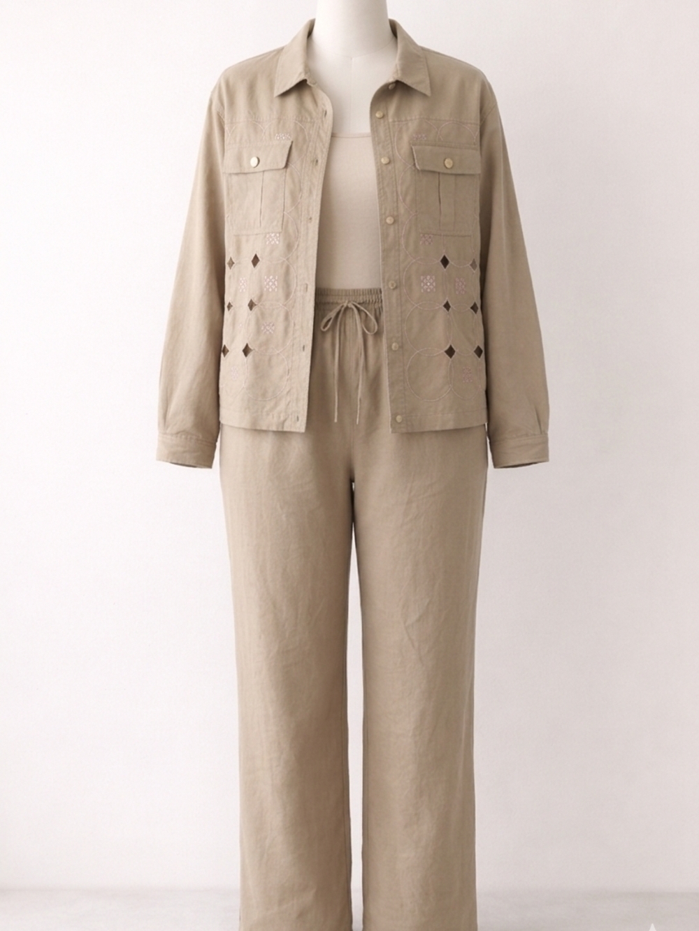 ​Murelis Tan Linen Elastic Waist Pants And Jacket Set XL